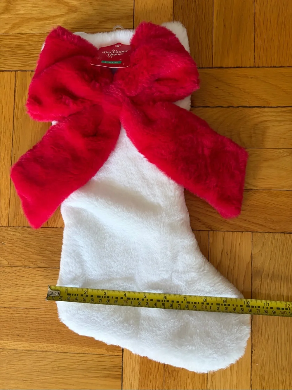 NWT Plush Faux Fur Christmas Stocking White with Red Bow. Soft!